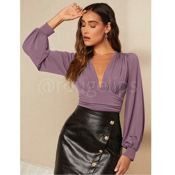 Dusty Lavender Elegant V neck Bodysuit Long Bishop Sleeves Stretchy Ruched Wais - Picture 5 of 8